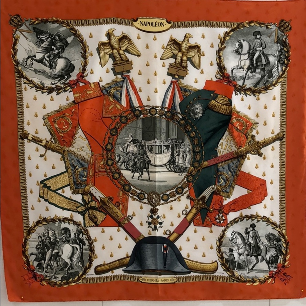 Hermes Orange, White & Black 'Napoleon' Silk Scarf